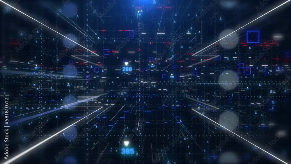 Poster Technology digital futuristic cyberspace data network structure concept background. Blue future scifi transmission line fly trough 4k motion background.