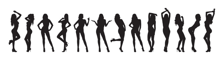 Set of girls women sexy posing gestures set vector silhouette.