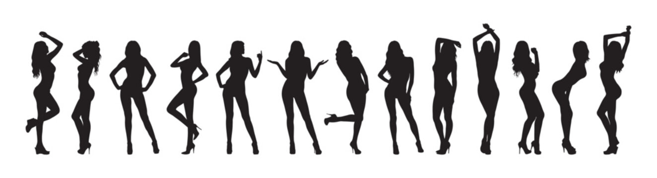 Set of girls women sexy posing gestures set vector silhouette.