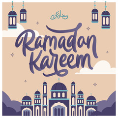 Ramadan Kareem poster background vector illustration design with mosque decoration and islamic traditional lantern lamp