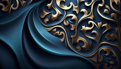 Islamic inspired ornamental pattern on dynamic dark blue background, Generative AI