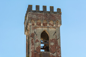 Bell tower of San Pietro abbey at Badia Pozzeveri an fraction of the municipality of Altopascio -...