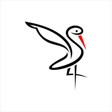 A bird with a red beak and a black and white tail is drawn in a black line.