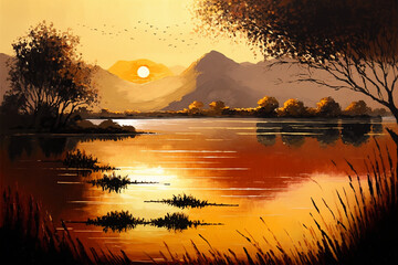 Morning at the lake, The sun slowly rising over the lake, casting a warm and golden glow on everything around it