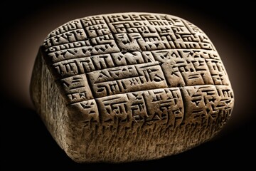 Cuneiform inscribed ancient sumerian (urartian) writings on a rock. Generative AI - obrazy, fototapety, plakaty