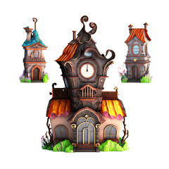 Whimsical plasticine 3D houses sculptures clipart illustrations isolated on white background AI generated - 581811539