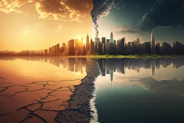 Foto op Canvas modern city with tall buildings and skyscrapers in the background, while in the foreground, a cracked and arid landscape depicts a global drought. Generative AI © sandsun