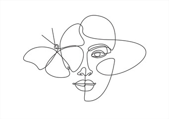 Beautiful woman vector logo design in simple minimal line art style. Pretty portrait with butterfly concept for beauty salon, makeup, cosmetology.