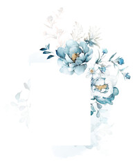 frame with blue flowers, navy blue design watercolor