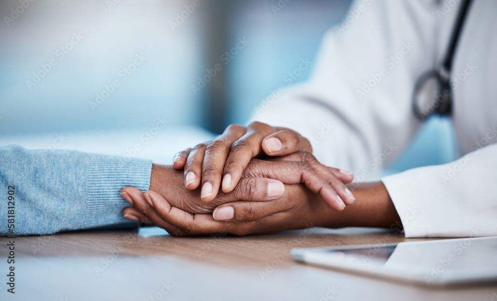 Poster Doctor and patient closeup, holding hands and consultation support, healthcare services and sad news, test results or help. Clinic, medical professional or black people consulting, helping and advice