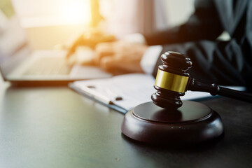 Judicial courtroom and justice: unreasonable honorable judge pronounces sentence, Hammer. Focus on...