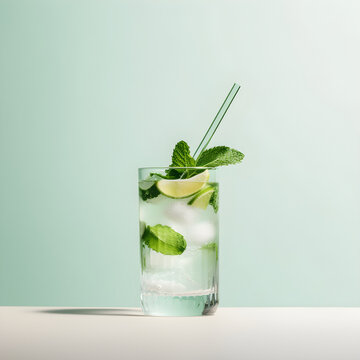Classic mojio with lime, fresh mint and ice cubes on light colored background. Menu concept, copy space. Shadows, sunlight refraction. Summer cocktail in corrugated glass, minimalistic. Generative AI
