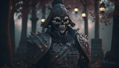 A Macabre But Magnificent Futurist Samurai In a Cemetery Wearing a Black Armor 3d AI Illustration