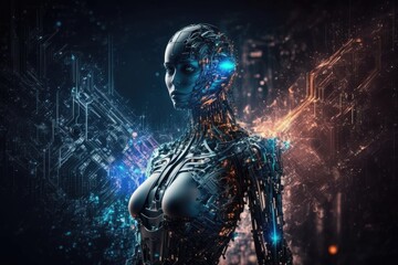 Naklejka premium Metaverse humanoid AI robots Background of the digital world in cyberspace, the AI revolution, and the digital technology sector Concept 4.0. Generative AI