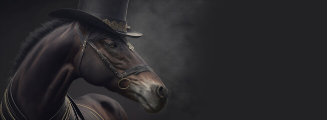 Gentleman horse and boss with hat, suit and tie. Banner header. AI generated.