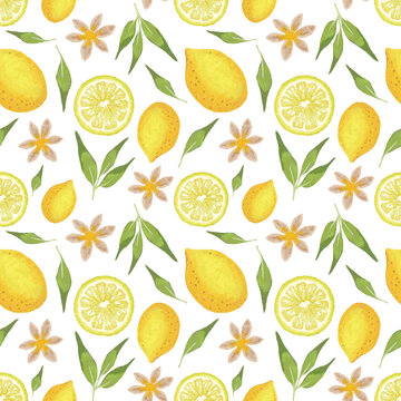 seamless pattern lemon / hand made painted llustrations desing with fruits on white background