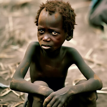 Malnourished, hungry, poor African boy in rags. Close up portrait with shallow field of depth. Concept of poverty and hunger. Illustrative Generative AI. Not a real person.