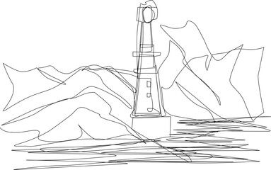 The illustrations and clipart. one line art, an island with a lighthouse