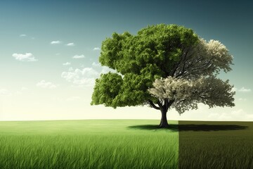 Fototapeta na wymiar a tree, a green field, and a clear sky Great for a web banner or background. Generative AI