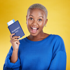 Passport, excited and woman face isolated on yellow background for USA travel opportunity,...