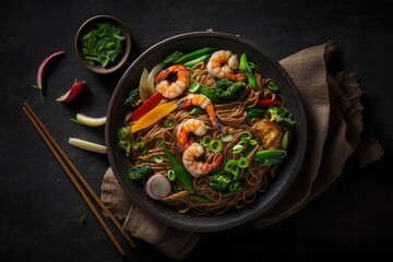 Soba noodles, shrimp (prawns), and veggies stir fried. Top view of healthful Asian stir fried cuisine on a dark background. Generative AI