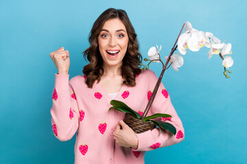 Photo portrait of attractive woman raise fist orchid flower dressed stylish pink strawberry print...