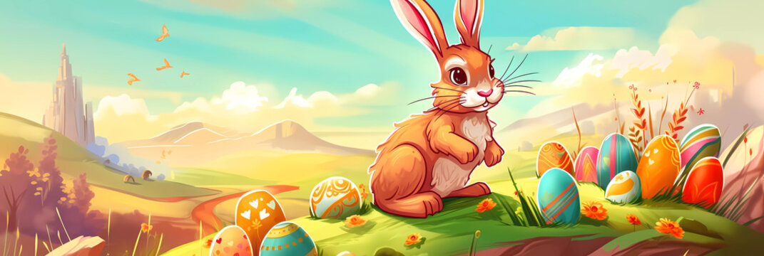 cute easter bunny with colorful easter eggs in a beautiful easter scene in widescreen format in comic look for header or banner on social media, generative ai