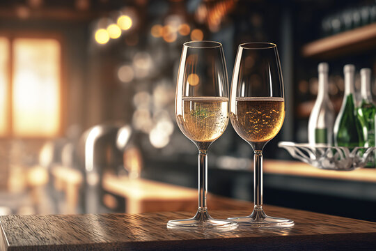 2 glasses of the champagne or white wine are placed on wooden table in restaurant background. Generative Ai image.	
