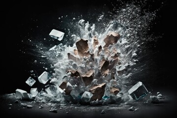 Crushed ice on a dark background. Broken pieces of ice are dispersed. the ice's detonation. Generative AI