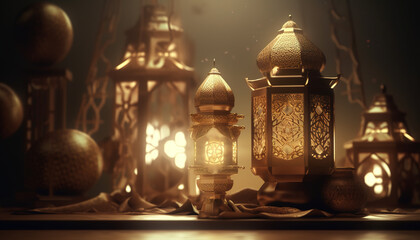 Ornamental Arabic lanterns with burning candles glowing at night. Muslim holy month ramadan kareem