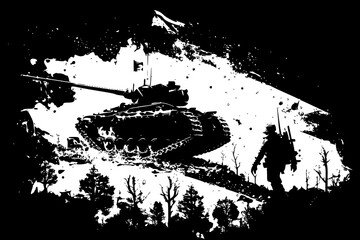 Silhouette of a tank and a soldier on the battlefield.