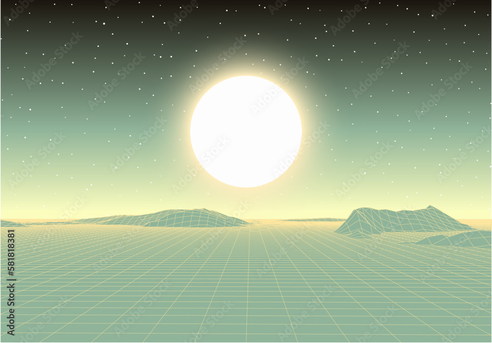 Aufkleber retro futuristic landscape with mountains and sun in deep space. 80s styled synthwve landscape with 