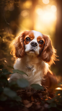 Portrait of a cavalier king charles cocker spaniel in the forest. Beautiful pet and family photos, wallpaper, poster created with help of generative ai.	