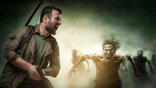 Portrait of military man with handgun attacking by zombies against shine and green background.