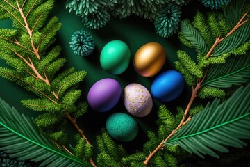 vibrant eggs and a green tree. Backdrop of Easter decorations. a top view. Generative AI