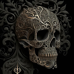 Filigree skull on a decorative rosette piece created with AI generative technology