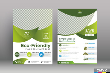 Green eco flyer, poster, brochure, magazine, annual report, booklet, cover banner template. Modern green leaf, environment design. Size A4 CMYK Vector illustration. Vector