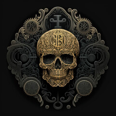 Gold Filigree skull on a decorative rosette piece created with AI generative technology