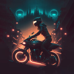 Futuristic biker with helmet bike, black in color, with a futuristic background. Created using ai generative. 