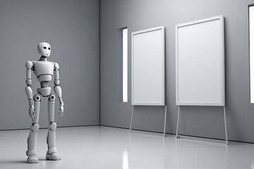Humanoid android robot thinking of a creative machine learning idea for an artwork on a blank canvas in an artist studio galley, computer Generative AI stock illustration image