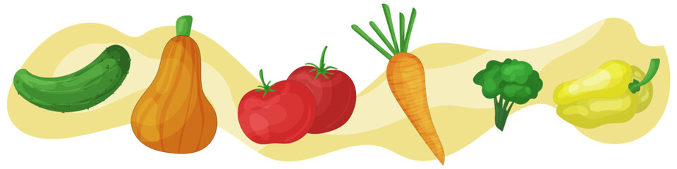 A set of vector cartoon vegetables, products from the garden, food, vegetarian health food, carrots, broccoli, peppers, cucumber.