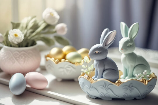 Easter home decor. Porcelain figurine of an Easter bunny, painted eggs and a vase of spring flowers. Photorealistic illustration generative AI.
