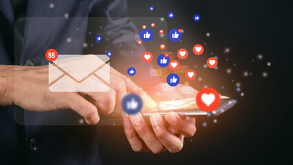 Social media and technology concept, social media activity on mobile phone, male left hand holding device and social media. internet digital marketing.