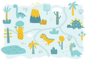 Jurassic landscape cute map for kids. Cartoon dino map print for boys carpet. Prehistoric valley map for kids.