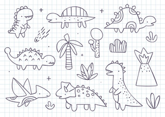 Doodle cute dino outline set for kids. Funny vector prints collection with hand drawn dinosaurs for children.