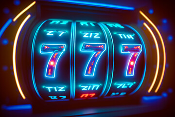 Slot machine neon blue red light 777 jackpot, casino. Generative AI technology.