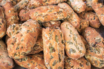 Bread with green olives close up. Healthy eating. Organic food