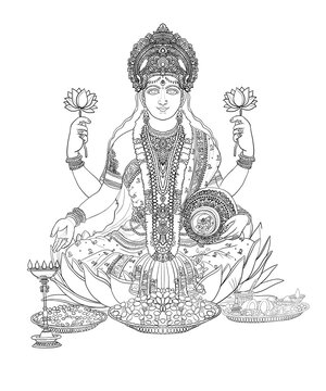 Line art of Godess lakshmi devi on isolated background