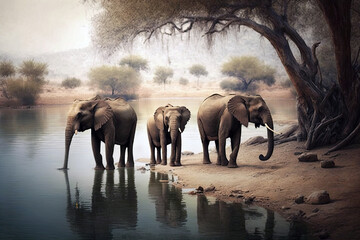  Elephants Near lake drink water. Generative AI
