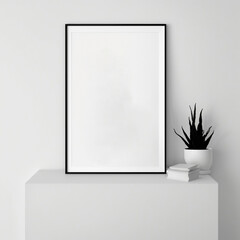 Blank picture frame mockup on the wall. White living room design. View of modern Scandinavian-style interior with artwork mock-up on the wall